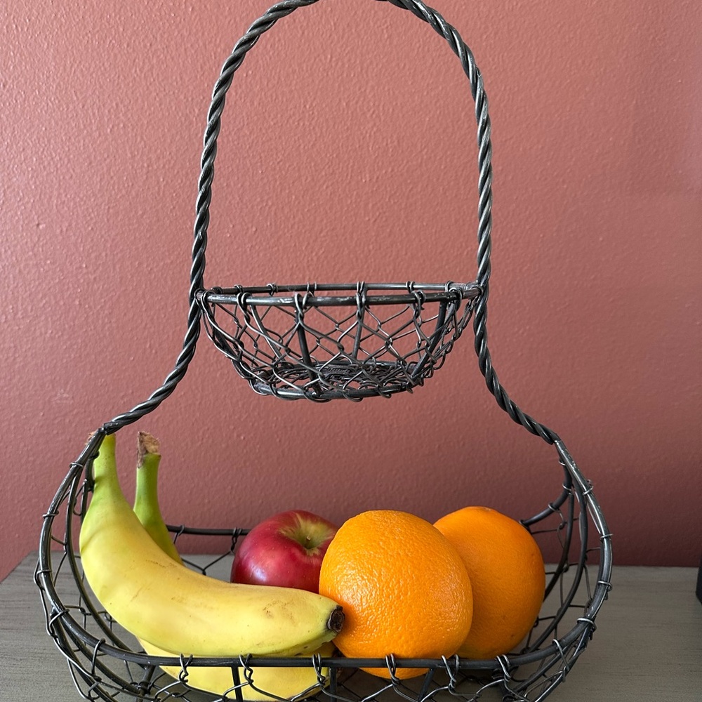 Antique Black Two Tiered Onion Fruit Wire Basket